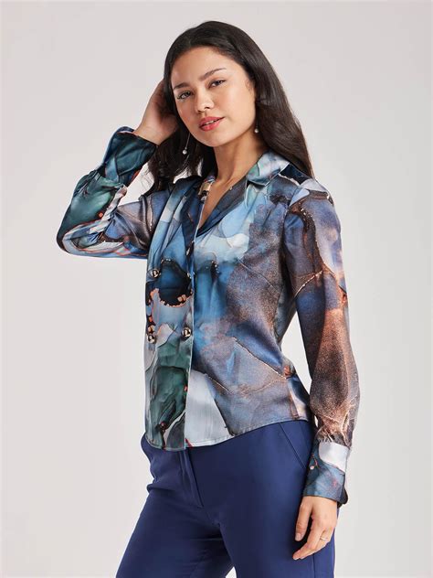 Buy Blue Marble Print Lapel Collar Shirt Online | FableStreet