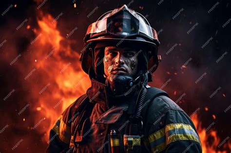 Firefighter works in burning building fireman on flame background ...