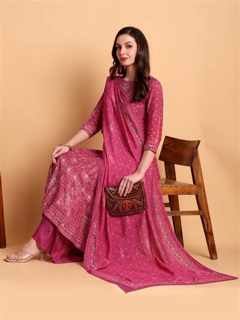 Deep Rose Floral Anarkali Set with Dupatta – CLOHI