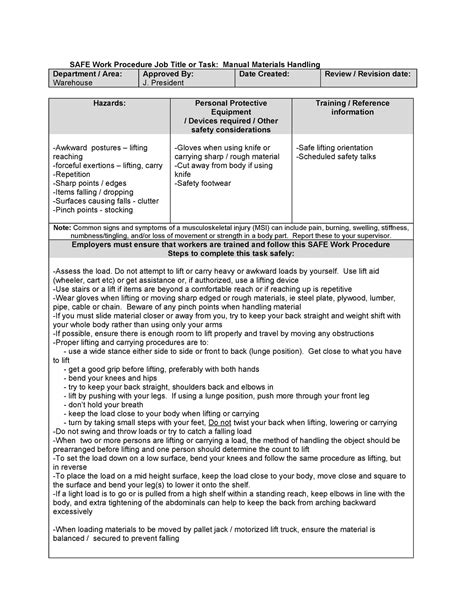 SWP2 - Manual Materials Handling - SAFE Work Procedure Job Title or ...
