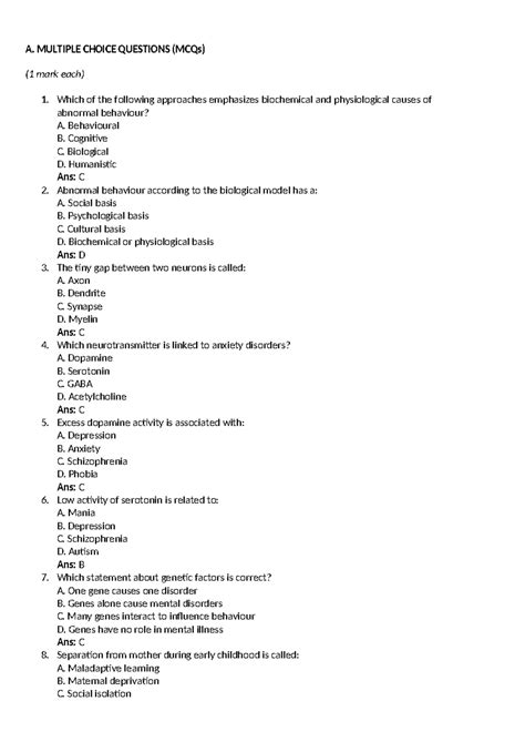 MCQs and Questions on Abnormal Behaviour - PSY 101 Final Exam Prep ...