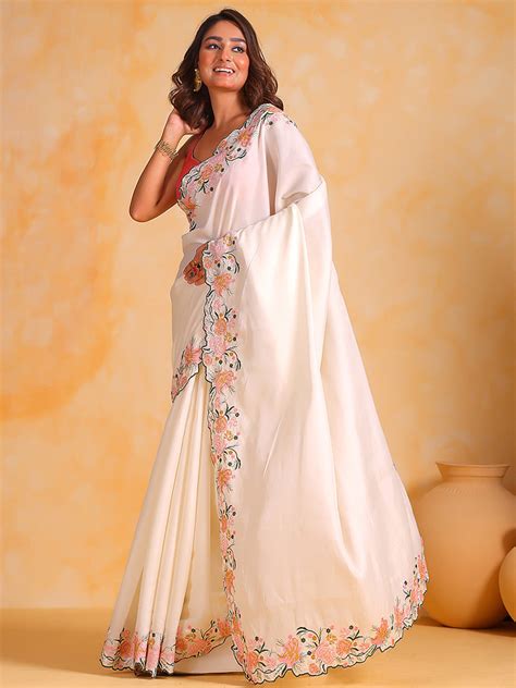 Buy White Tussar Silk Saree With Blouse Piece 58431 Online | Karagiri