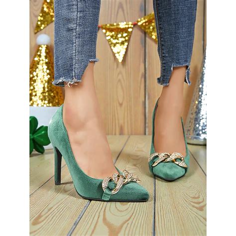 Women's Green Suede Pointed Toe Stiletto Pumps with Gold Chain Detail ...