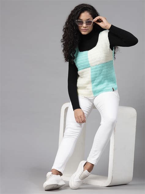 Colour Block Sweater for Women - Cream and Green