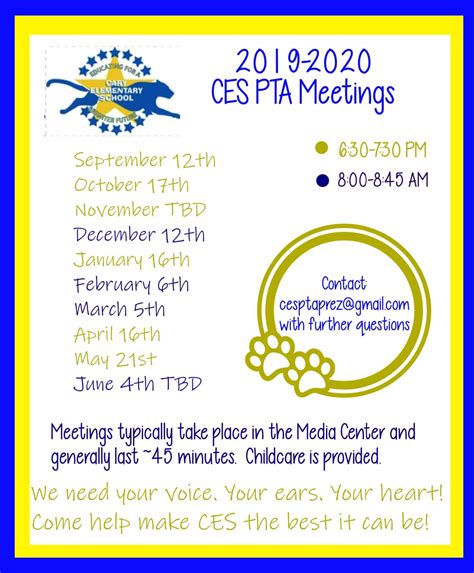 PTA Meeting Schedule for the Year (Printable) | Cary Elementary School News