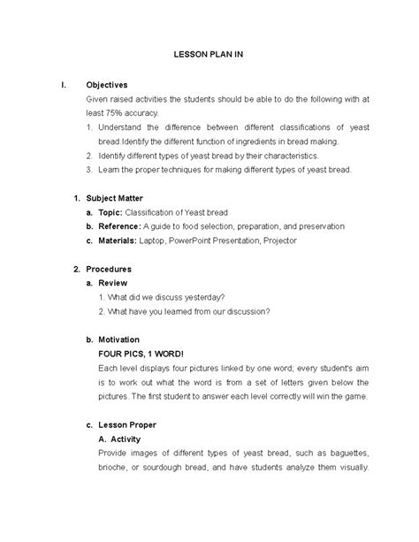 Classification of Yeast Bread - Lesson Plan Overview - Studocu