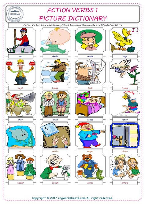 Action Verbs Picture Dictionary Word To Learn. Unscramble The Words And ...
