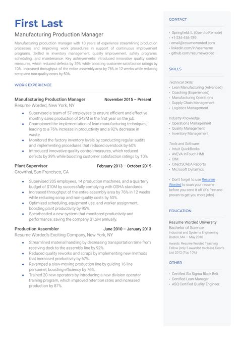 Manufacturing Production Manager Resume Examples for 2026 | Resume Worded