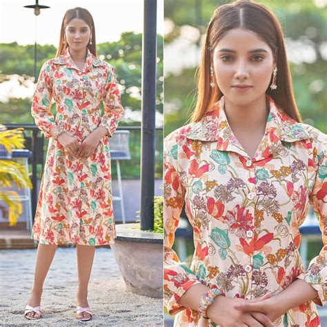 Peach Floral Printed Front Slit Muslin A-Line Dress