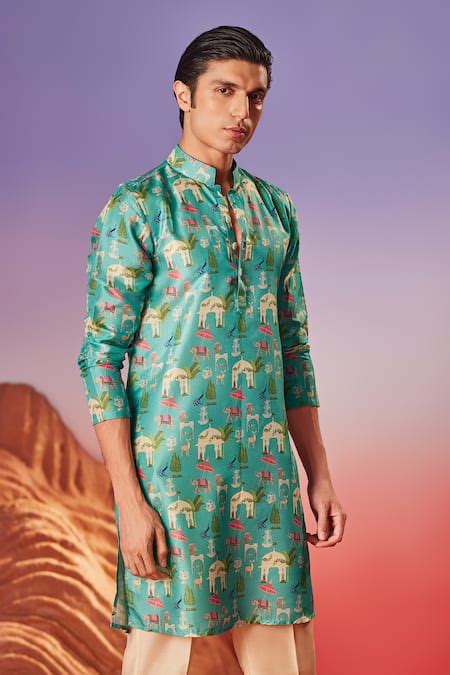 Buy Green Chiku Silk Print Noor Mahal Kurta For Men by Eleven Brothers ...