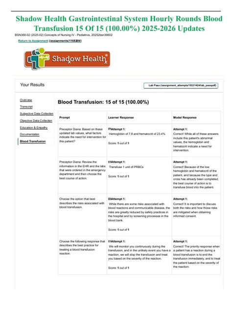 Shadow Health Gastrointestinal System Hourly Rounds Blood Transfusion ...
