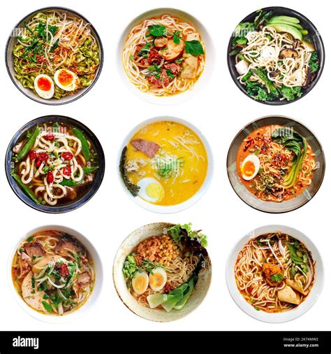 Collection of Asian noodle ramen bowls, top view japanese food isolated ...
