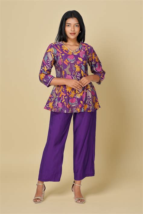 Kali Co-ord Set – Purple Print Tunic with Zari Lace & Flared Silk Pant ...