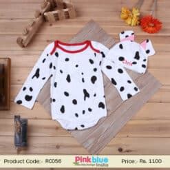 White Newborn Baby Boys Romper With Black Print and Matching Cap