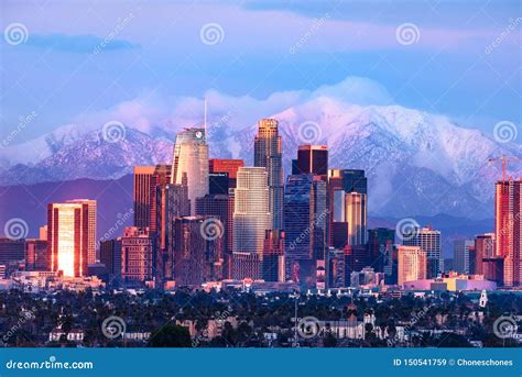 Downtown Los Angeles Skyline with Snow Capped Mountains Stock Image ...