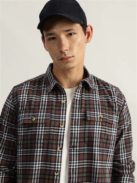 Shop Iconic Men Brown Checked Spread Collar Full Sleeves Shirt Online ...
