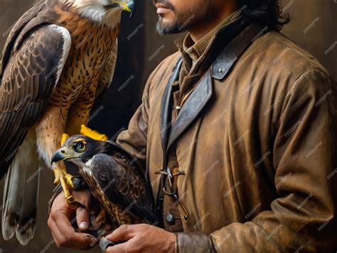 Man holding a falcon, in the centre of a group of people