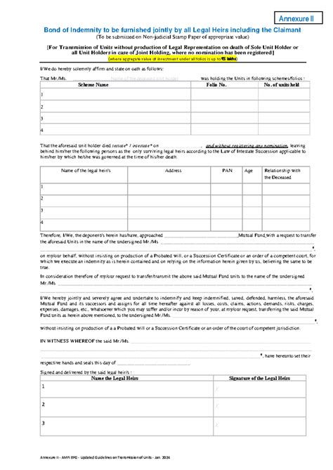 Annexure II: Bond of Indemnity for Unit Transmission by Legal Heirs ...