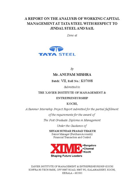 Working Report - Ratio analysis - A REPORT ON THE ANALYSIS OF WORKING ...