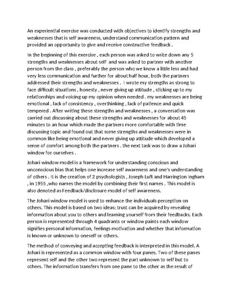 Johari window - An experiential exercise was conducted with objectives ...