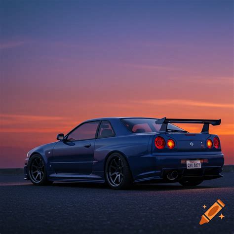 A blue Nissan Skyline R34 GT-R sports car drives on a road at night, blurred by speed. on Craiyon