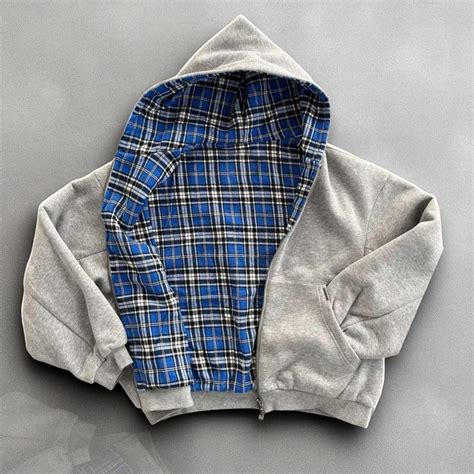 Reversible Grey Zip Up Hoodie – Blue Plaid... | Depop