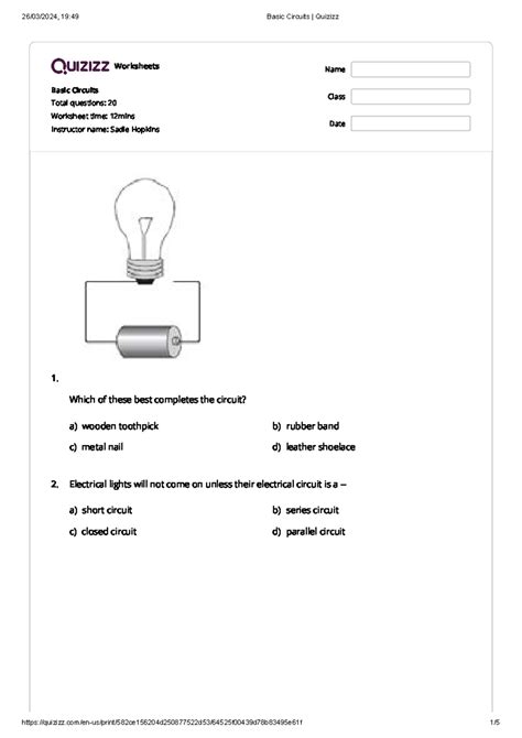 Cr quiz - Worksheets Basic Circuits Total questions: 20 Worksheet time ...