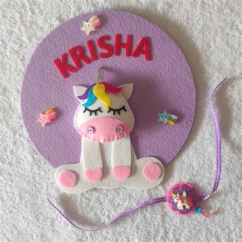 Buy Personalized Handmade Unicorn Theme Felt Kids Rakhi & Name Plate ...