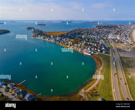 Nantasket Beach, Weir River and Hingham Bay aeral view with fall ...