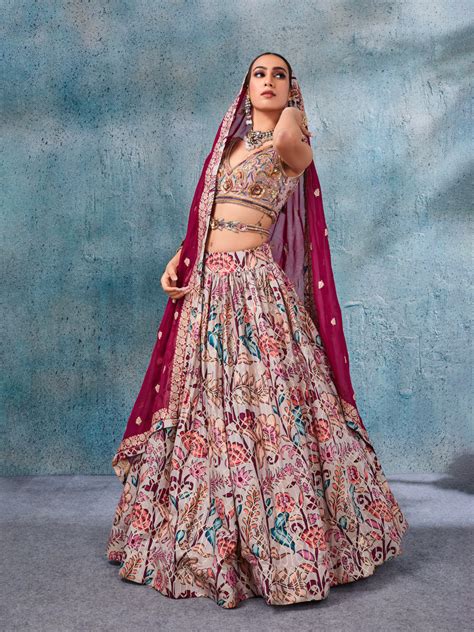 Crepe Pink Floral Printed Silk Lehenga – Tirumala Designers