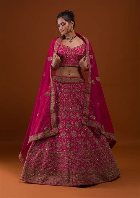 Buy Rani Pink Stonework Raw Silk Readymade Lehenga - Koskii