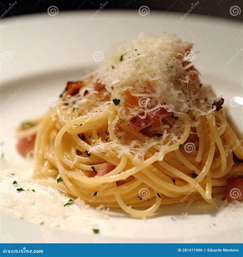 Spaghetti Carbonara with Bacon and Parmesan Cheese on White Plate Stock ...