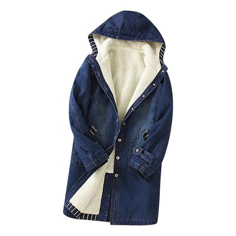 GERsome Womens Thick Fleece Sherpa-Lined Mid Long Hooded Denim Trucker ...