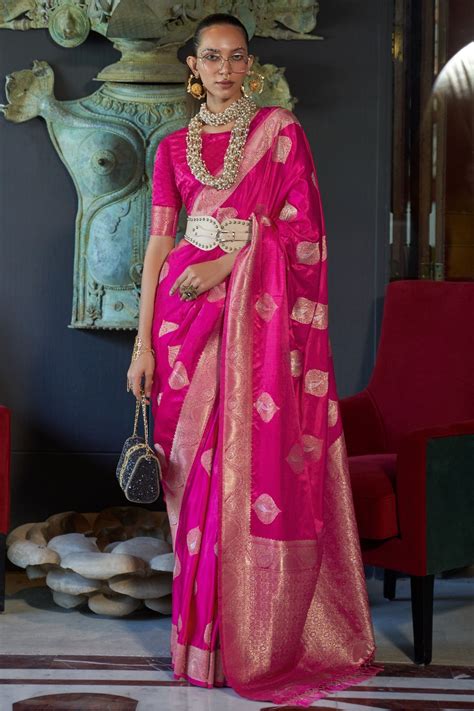 Buy Lipstick Pink Woven Banarasi Silk Saree Online - MySilkLove