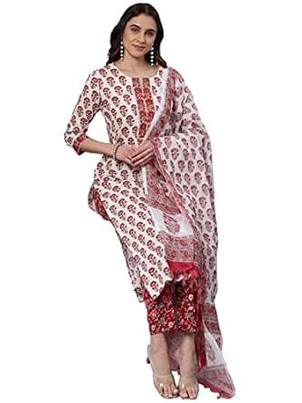 GoSriKi Women's Cotton Blend Printed Straight Kurta with Pant & Dupatta ...