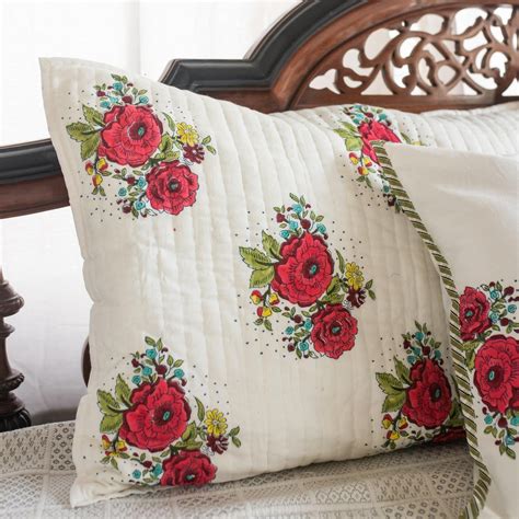 White Kentish Rose Hand Block Print Cotton Quilt Set - Double Bed Queen ...