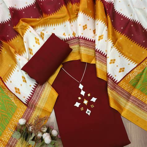 Paaki Cherry Maroon V Neck Mirror Work Detailing Neck Roman Silk Suit ...