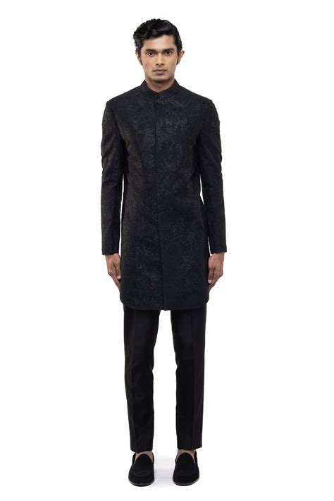 Black Silk Tropical Embroidered Sherwani Set - SDS | KUSHAL SHAH