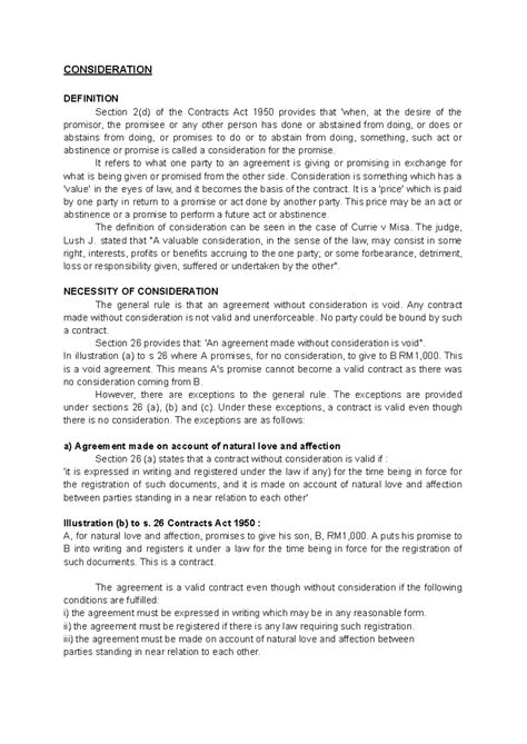 Consideration Definition and Necessity Under Contracts Act 1950 - Studocu