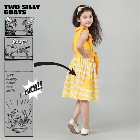 Cotton Roll Collar Gathered Frock For Girls with Two Silly Goats Print ...