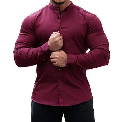 Ejiejia Men Dress Shirts Slim Fit Banded Collar Long&Short Sleeve ...