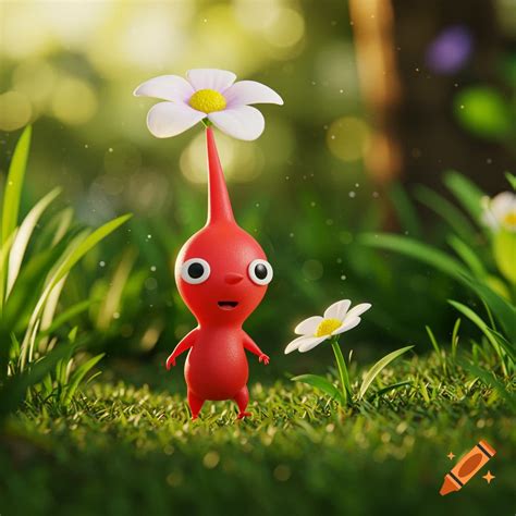 A red Pikmin character stands in a lush green garden. on Craiyon