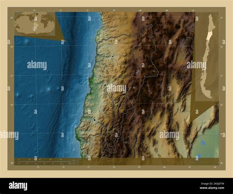 Atacama, region of Chile. Colored elevation map with lakes and rivers ...
