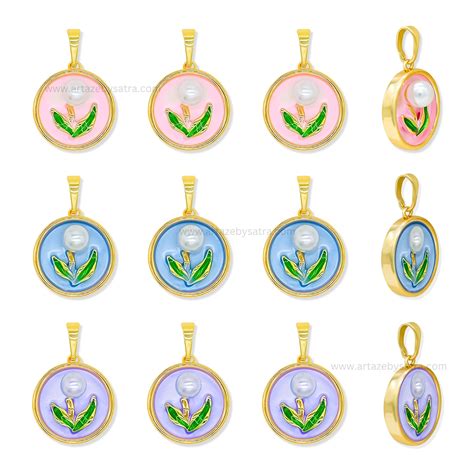 Gold Vermeil Enamel Tulip Flower Pendant with Genuine Pearl | Qty : 1p ...
