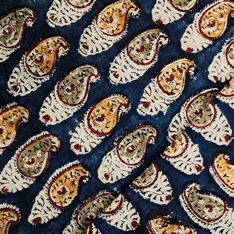 Pure Cotton Kalamkari Blue With Mustard And Green Kairi Motifs All Ove ...