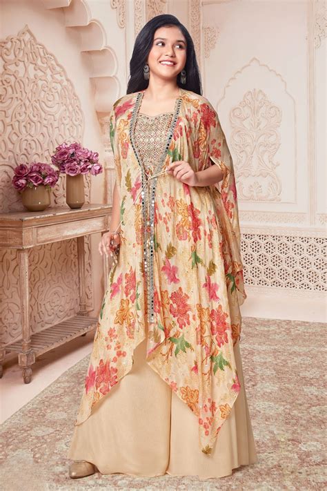 Fawn Mirror and Multicolor Embroidery work with Floral Print Shrug and ...