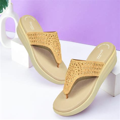 Qiarra Beige T-Strap Laser Cut Synthetic Upper Wedge Sandal for Women ...