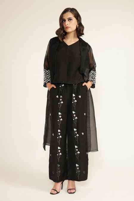 Buy Black Jacket Banarasi And Organza Printed Jacket Lapel Embroidered ...