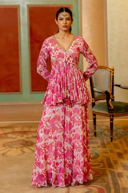 Buy Pink Georgette Embroidery, Mirrors, Sequins Printed Peplum Kurta ...