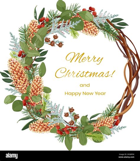 Christmas wreath made of vines, with fir cones, spruce and thuja ...